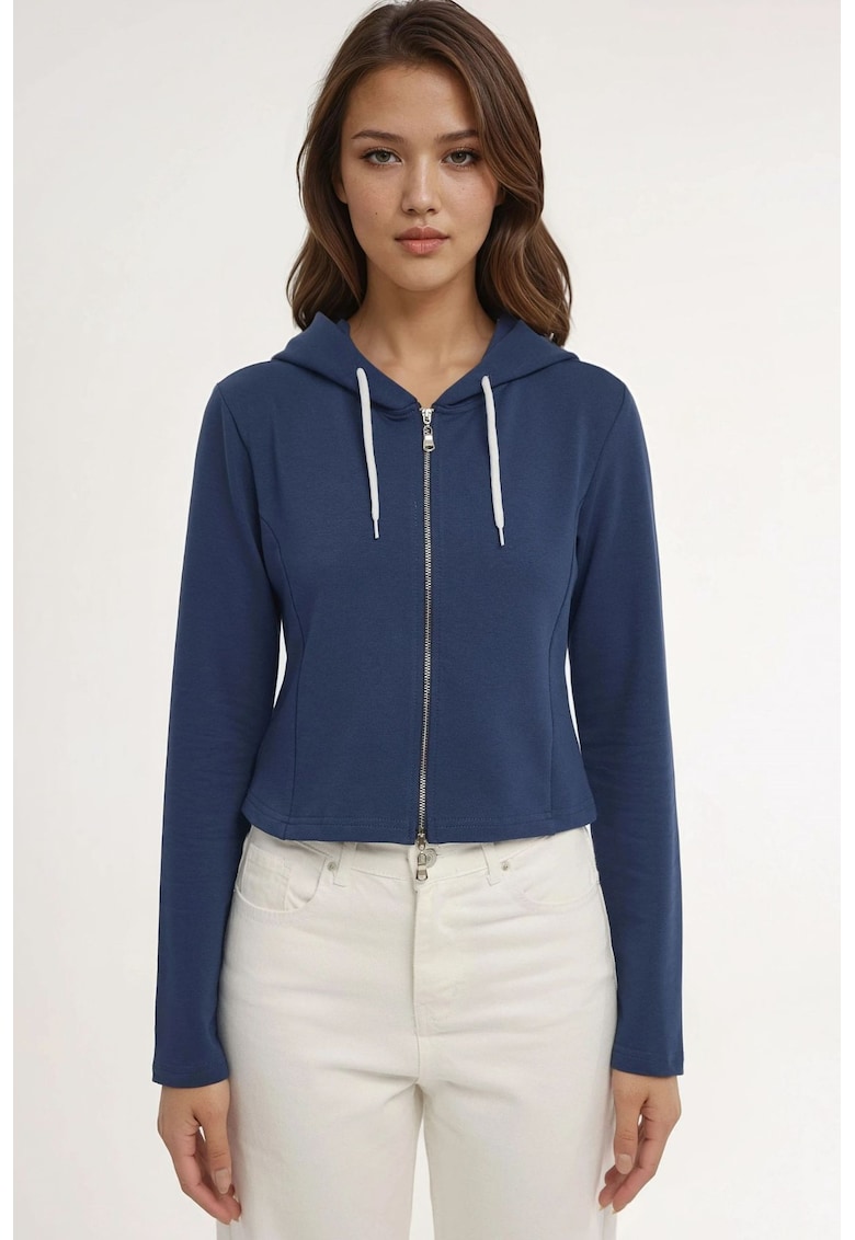 Hanorac dama - cu gluga si fermoar - bleumarin - tricot