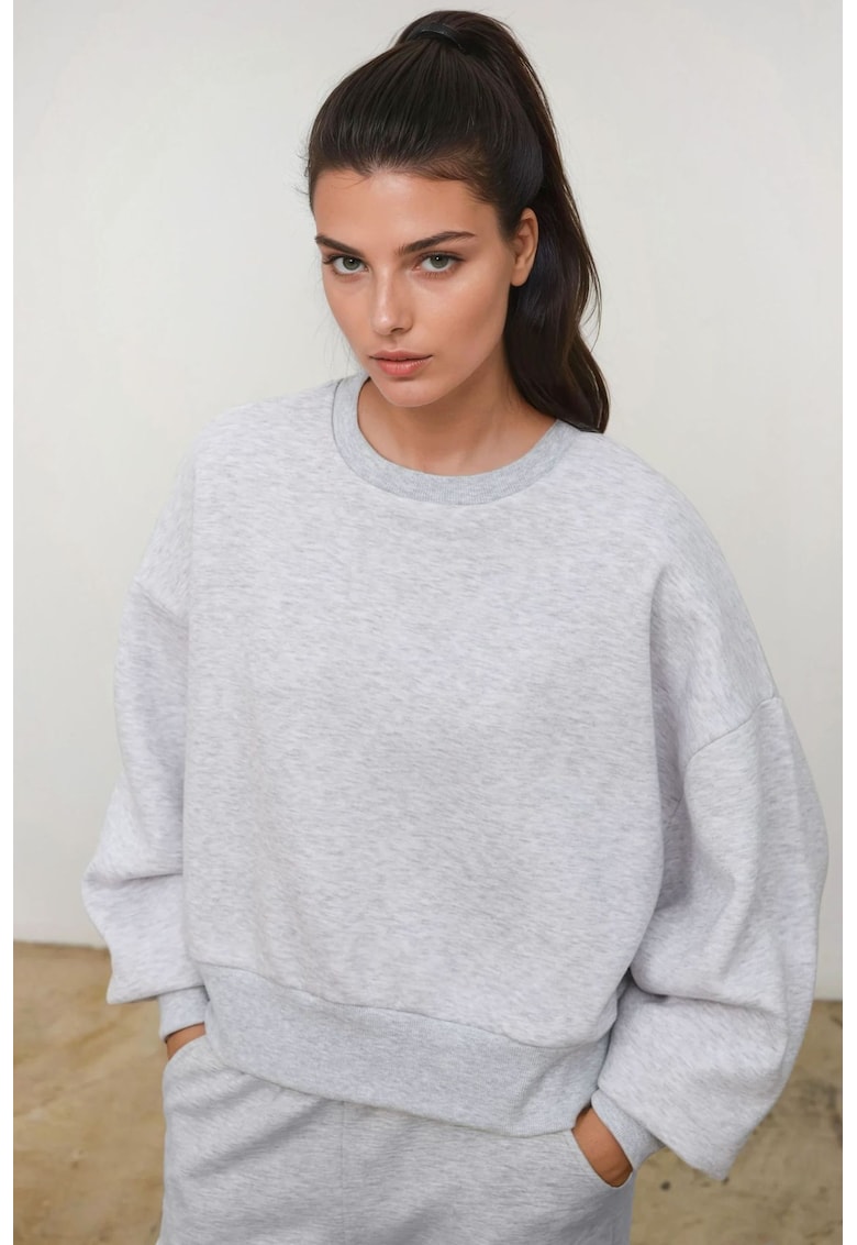 Hanorac dama -  tricotat - guler rotund - croiala lejera - gri - textil