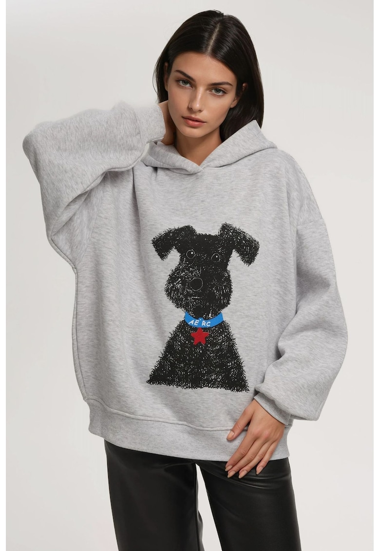 Hanorac dama supradimensionat - imprimeu unic - gri - tricot