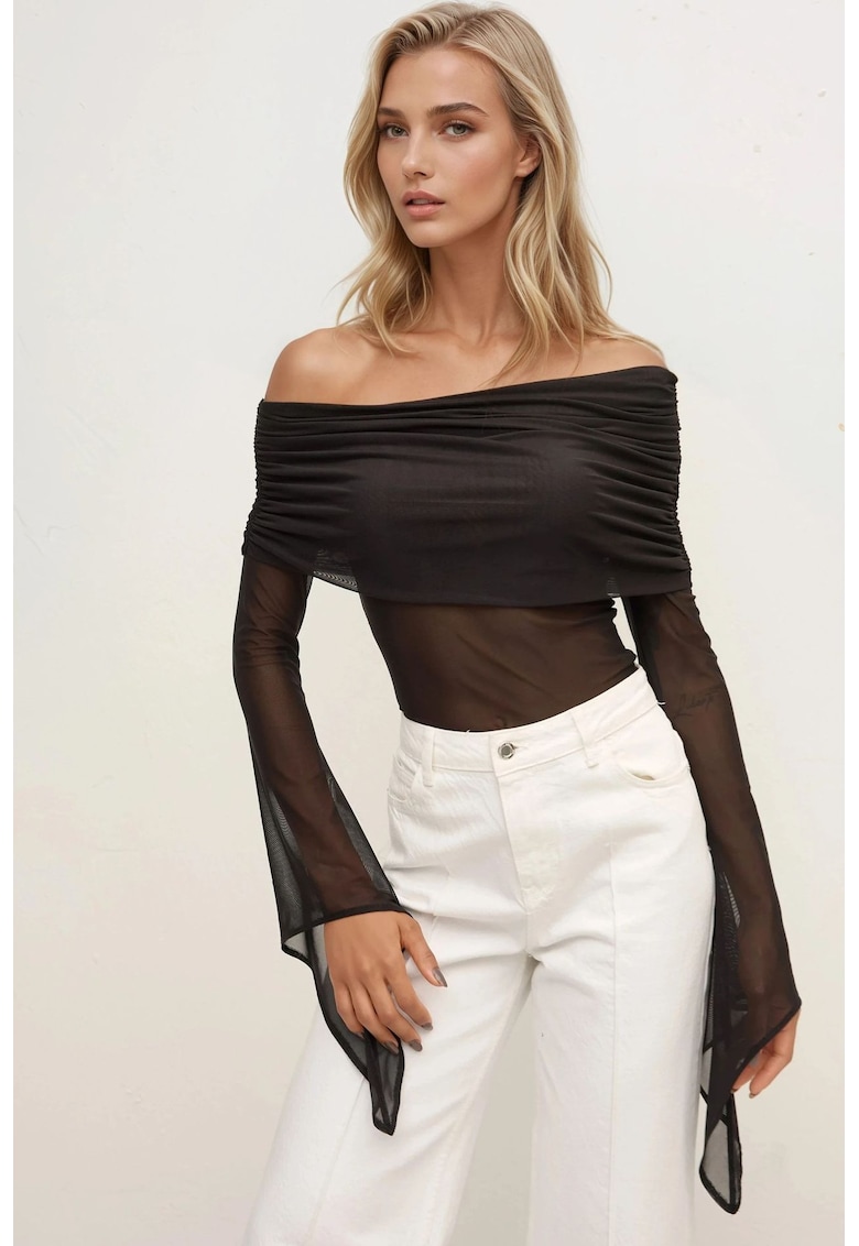 Bluza dama - guler Madonna - maneca lunga - jerseu - Negru - Negru