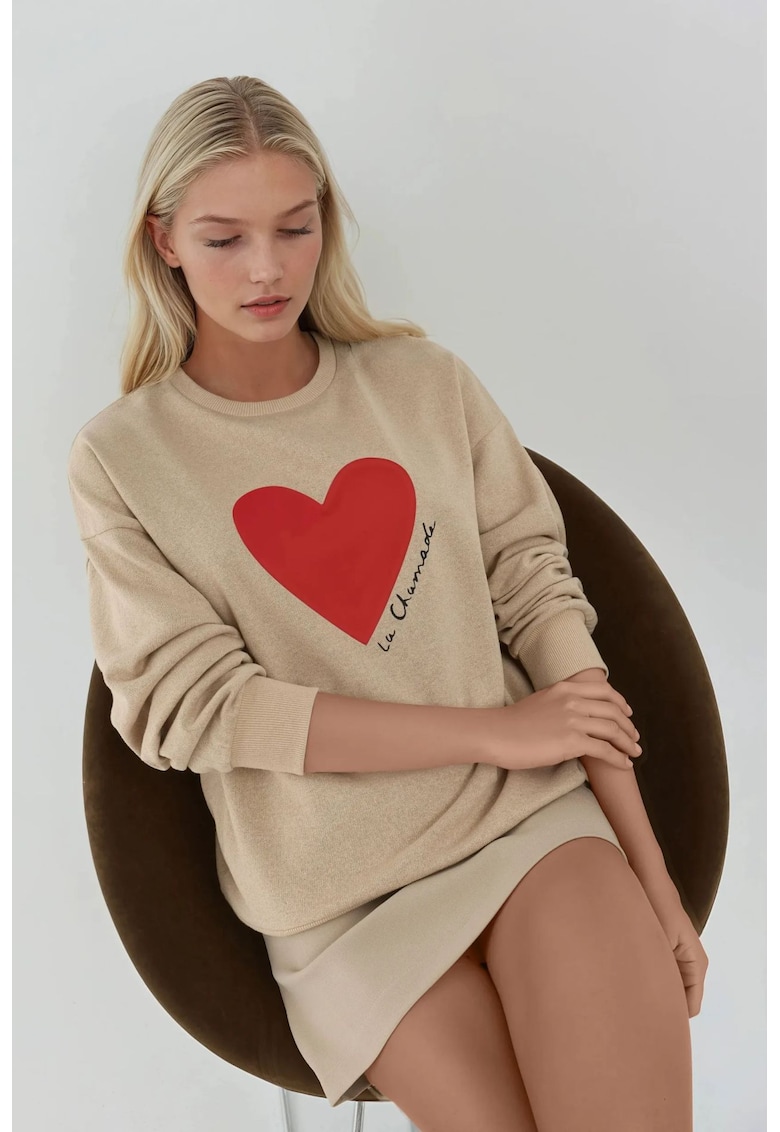 Hanorac dama  guler rotund - imprimeu - bej - bumbac