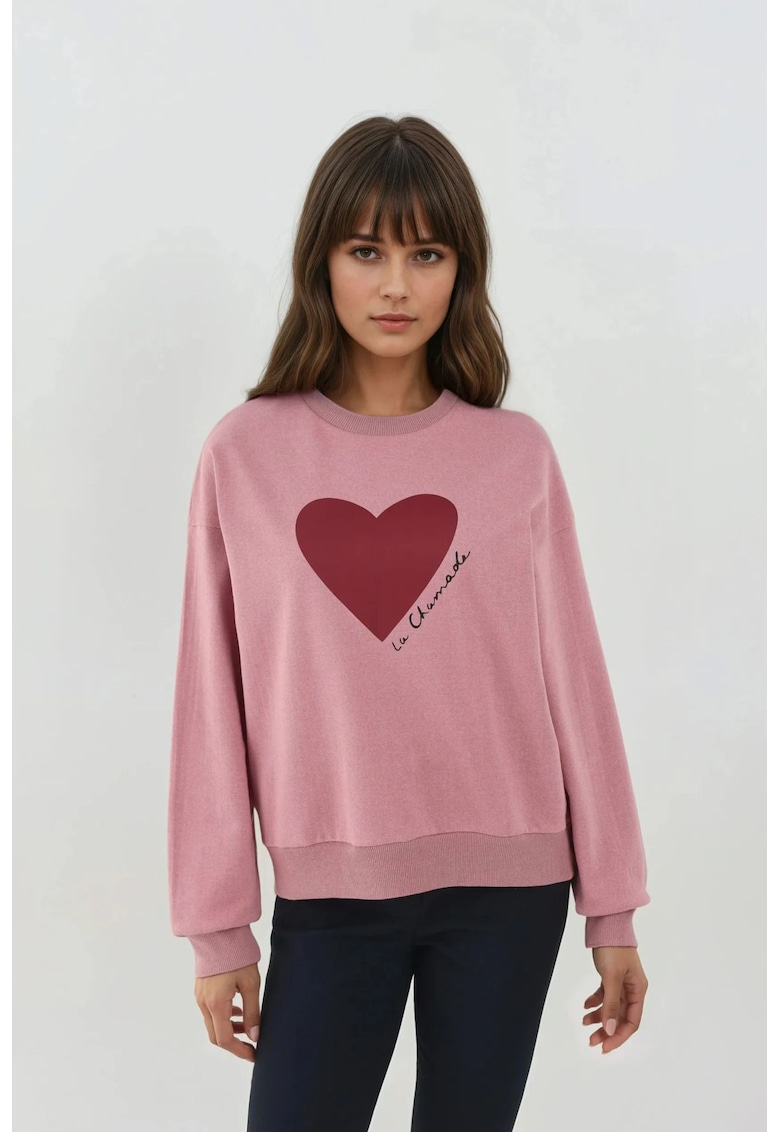 Hanorac dama  guler rotund - imprimeu - roz deschis - tricot