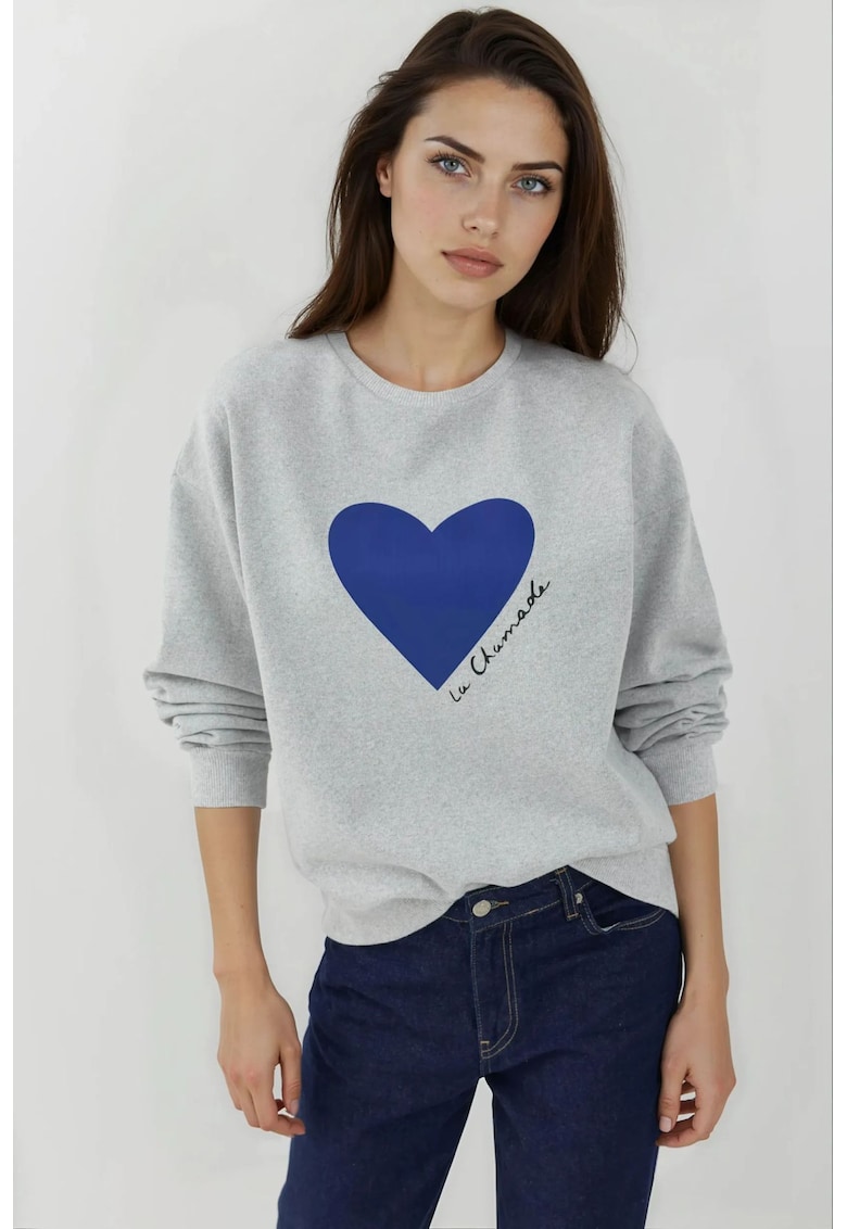 Hanorac dama  guler rotund - imprimeu - gri - tricot