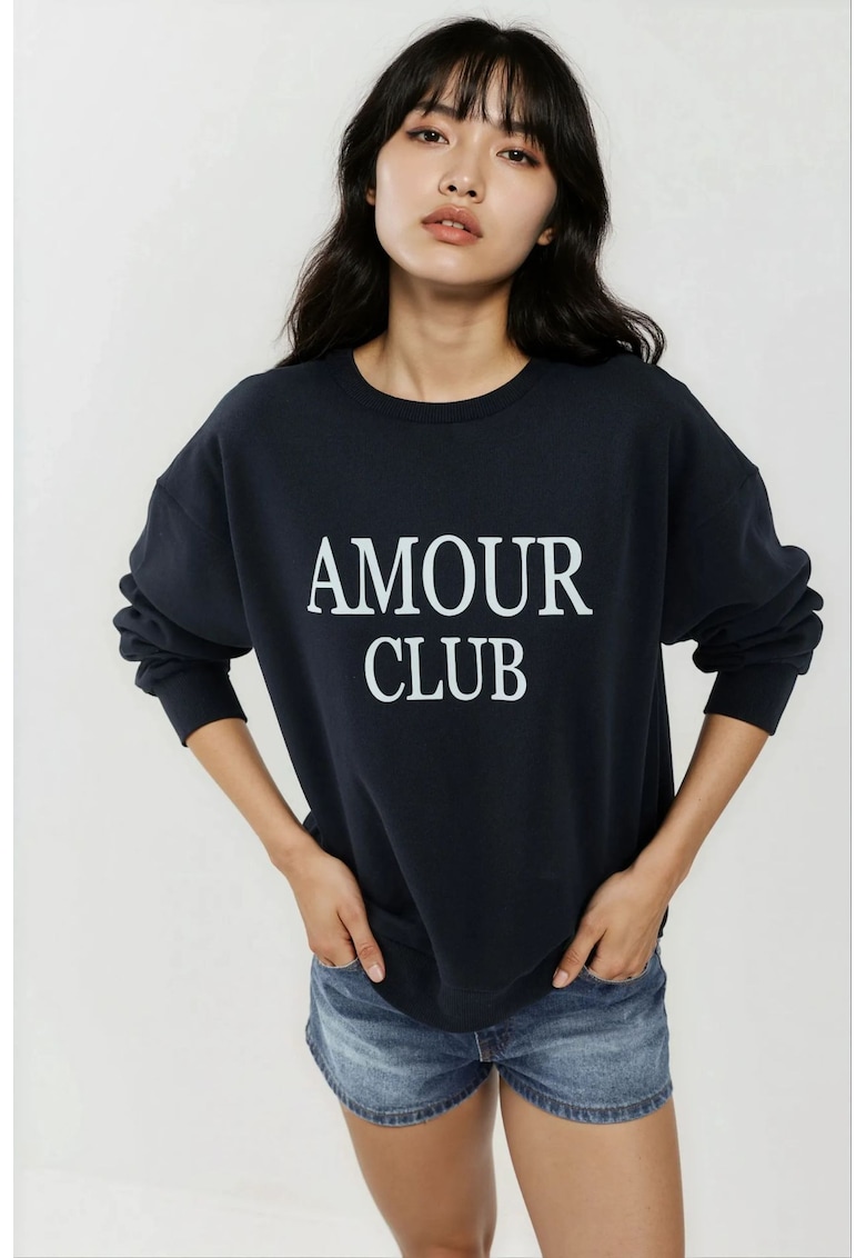 Hanorac dama imprimeu - guler rotund - croiala lejera - albastru inchis - tricot