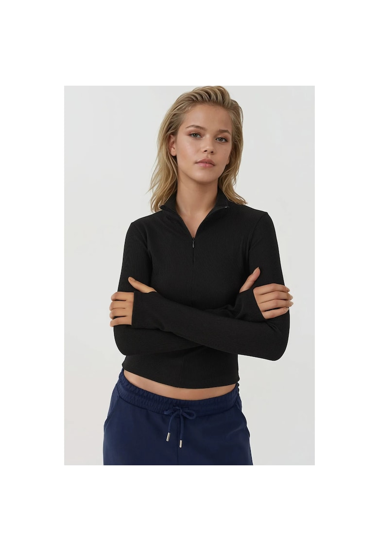 Tricou sport - polo cu maneca lunga - ajustat - negru - tricot