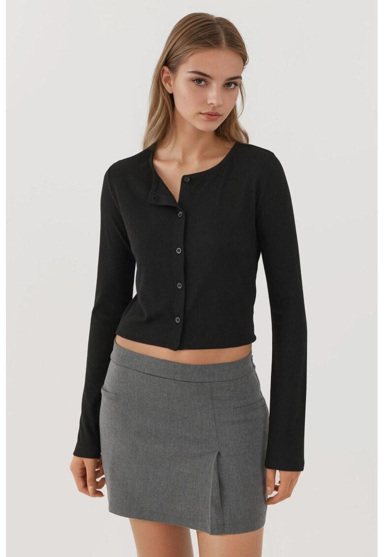 Top - top scurt cu guler rotund - nasturi - negru - amestec de viscoza