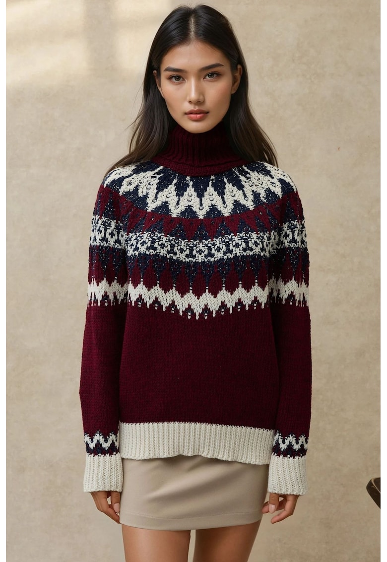 Pulover dama - cu guler inalt - visiniu - tricot - Pulover dama - cu guler inalt - visiniu - tricot -