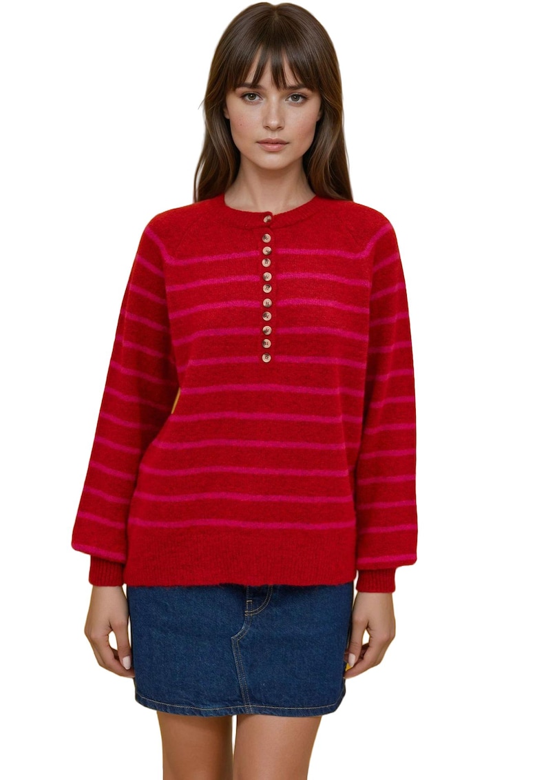 Pulover dama cu guler cu nasturi - model cu dungi - tricot - rosu - Pulover dama cu guler cu nasturi - model cu dungi - tricot - rosu -