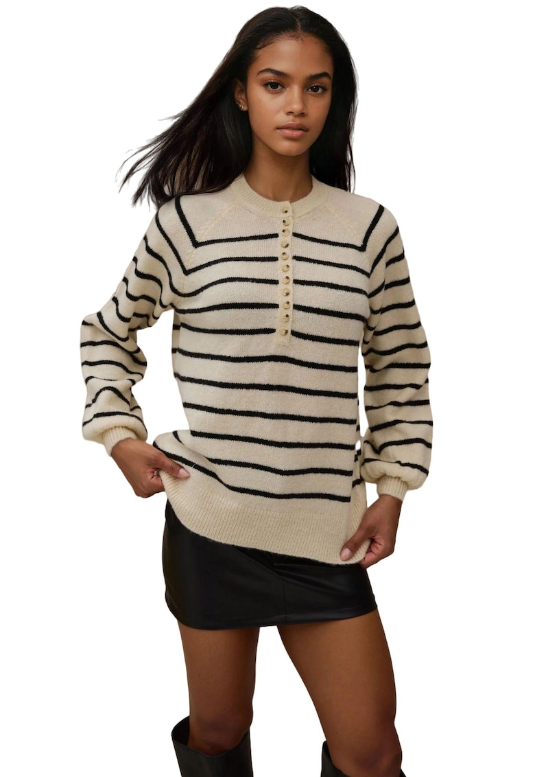 Pulover dama cu guler cu nasturi - model cu dungi - tricot - alb/negru - Pulover dama cu guler cu nasturi - model cu dungi - tricot - alb/negru -