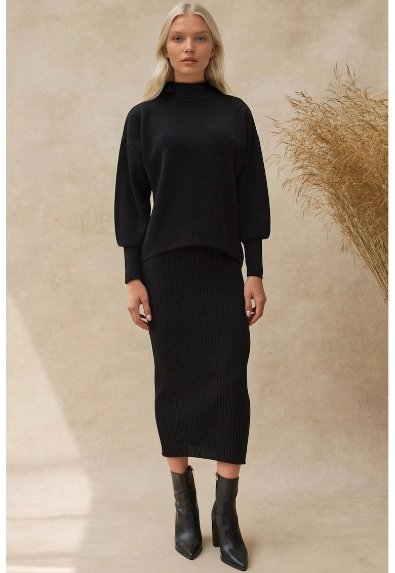 Set tricotat coordonat -  pulover cu guler inalt si fusta midi - negru - tricot -