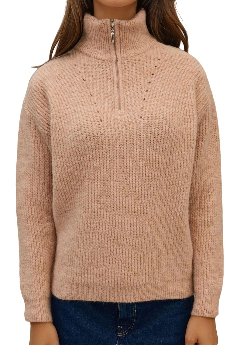 Pulover pentru dama - guler cu fermoar - tricot - bej - Pulover pentru dama - guler cu fermoar - tricot - bej -