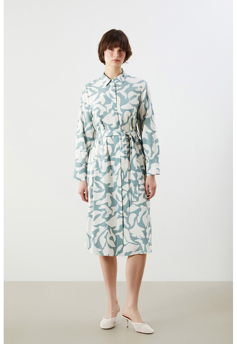 Rochie cu cordon in talie si model - Alb/Verde pal