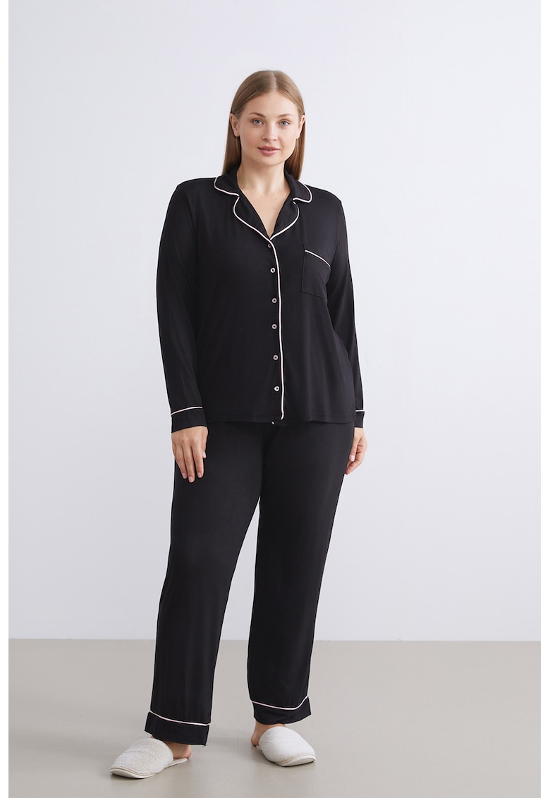 Pijama cu pantaloni lungi si model uni - Negru