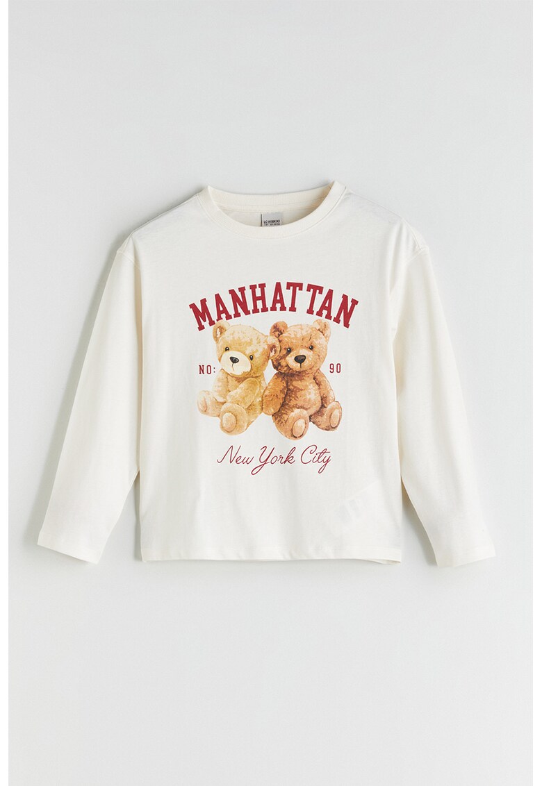 Bluza cu decolteu rotund si imprimeu grafic - Bej/Alb murdar