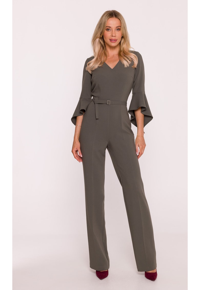 Salopeta - S416 Kaki Decolteu in V - Maneci 7/8 cu volane - Picior drept - Material neted cu finisaj moale