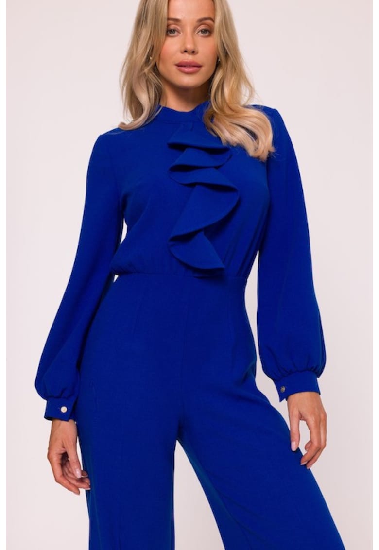 Salopeta eleganta - S420 albastru M - material neted cu finisaj moale - guler ridicat - maneci lungi bufante - fermoar ascuns