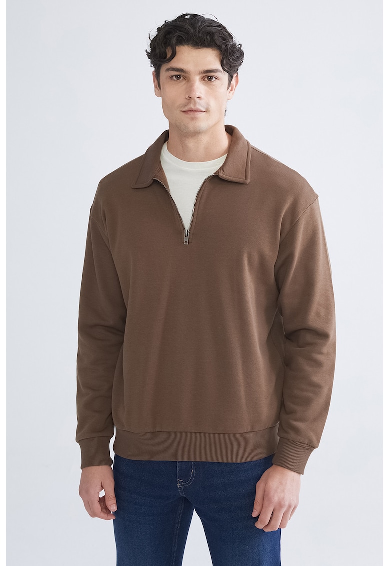 Bluza de trening polo din amestec de bumbac cu fenta cu fermoar