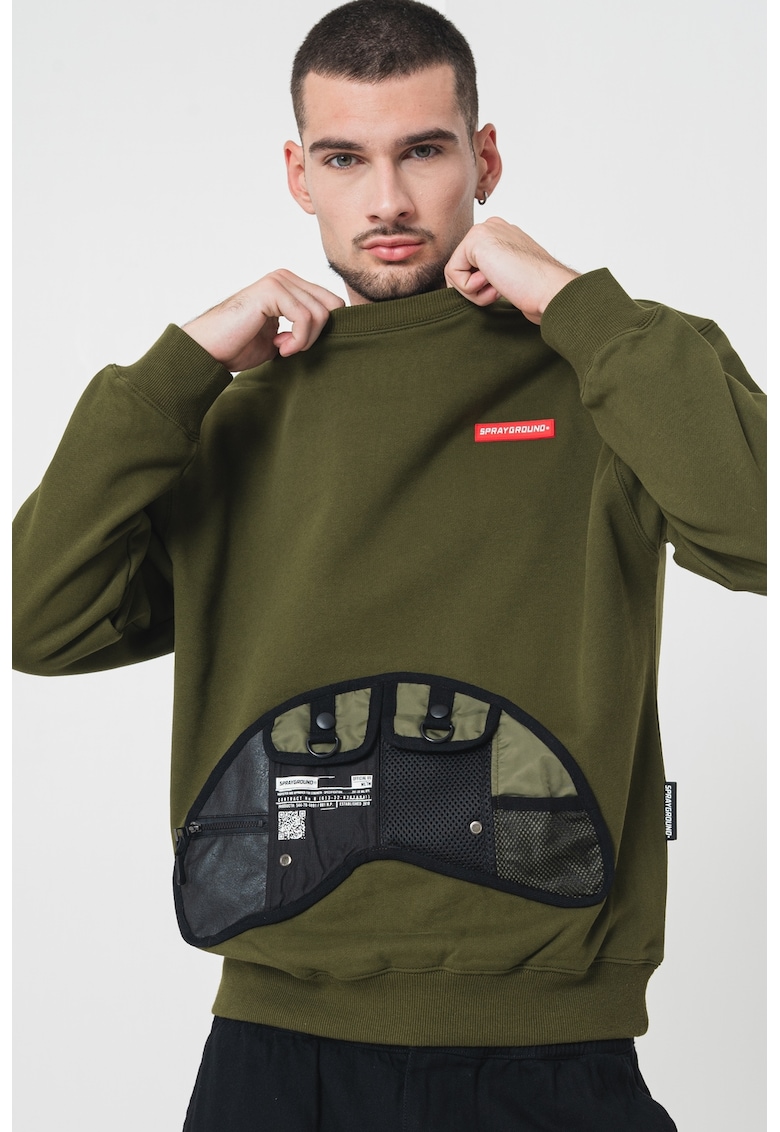 Bluza de trening din bumbac cu decolteu la baza gatului - Negru/Verde sparanghel