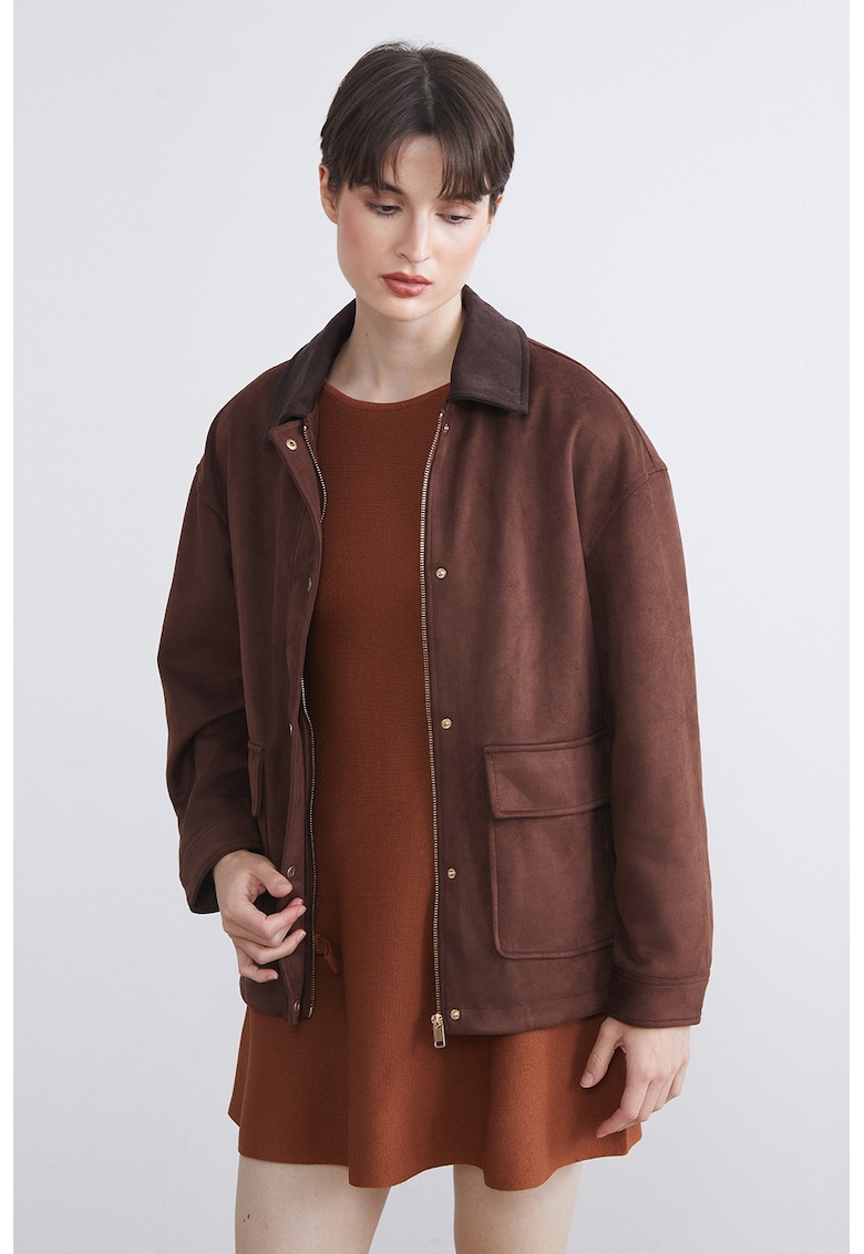 Jacheta de piele sintetica intoarsa cu buzunare cu clapa