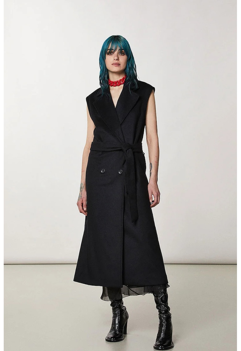 Palton lung fără mâneci cu cordon în talie