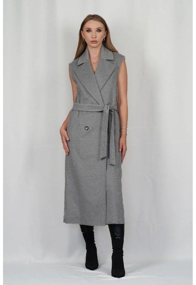 Palton lung fără mâneci cu cordon în talie