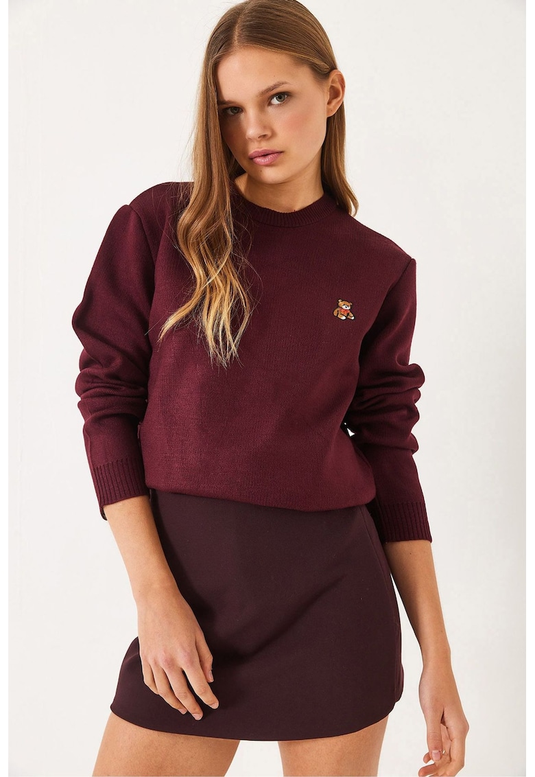 Pulover dama - guler rotund brodat - tricot/acril - visiniu -