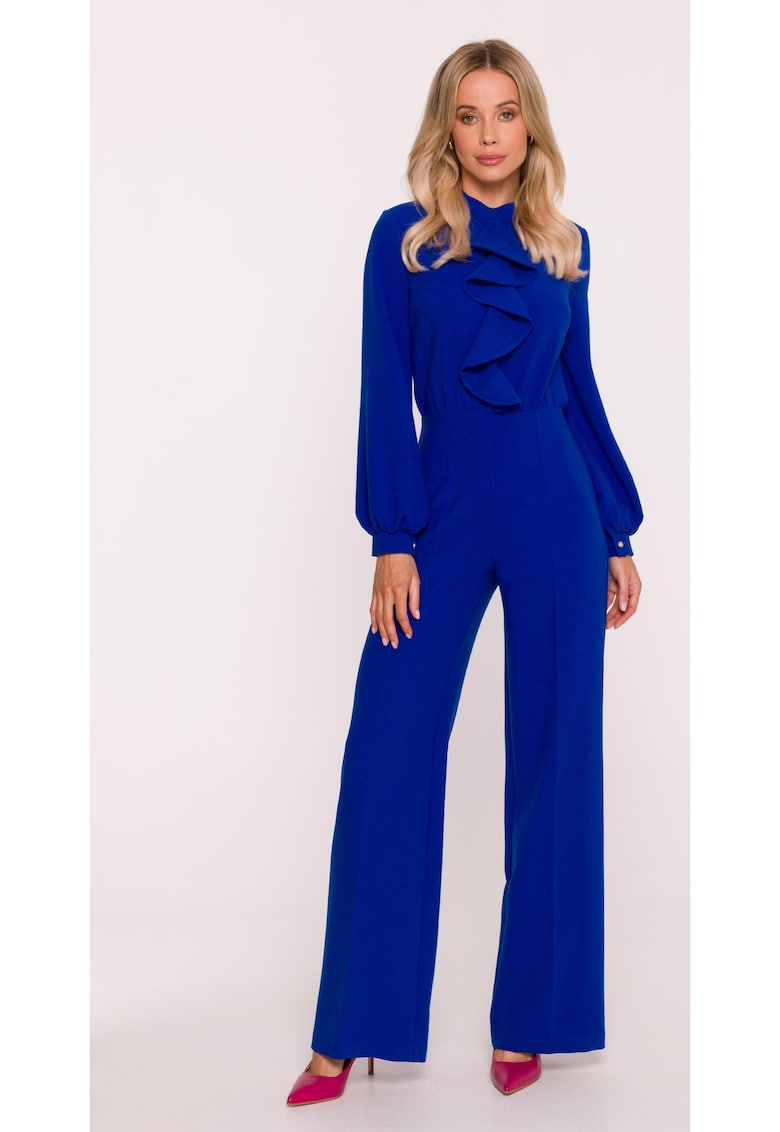 Salopeta eleganta - S420 albastru material neted cu finisaj moale - guler ridicat - maneci lungi bufante - fermoar ascuns