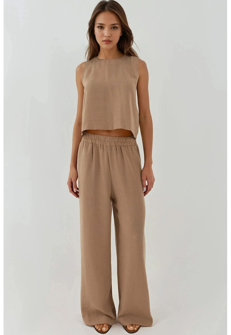 Costum dama -  set coordonat - bluza cu guler rotund si pantaloni largi - bej - poliester