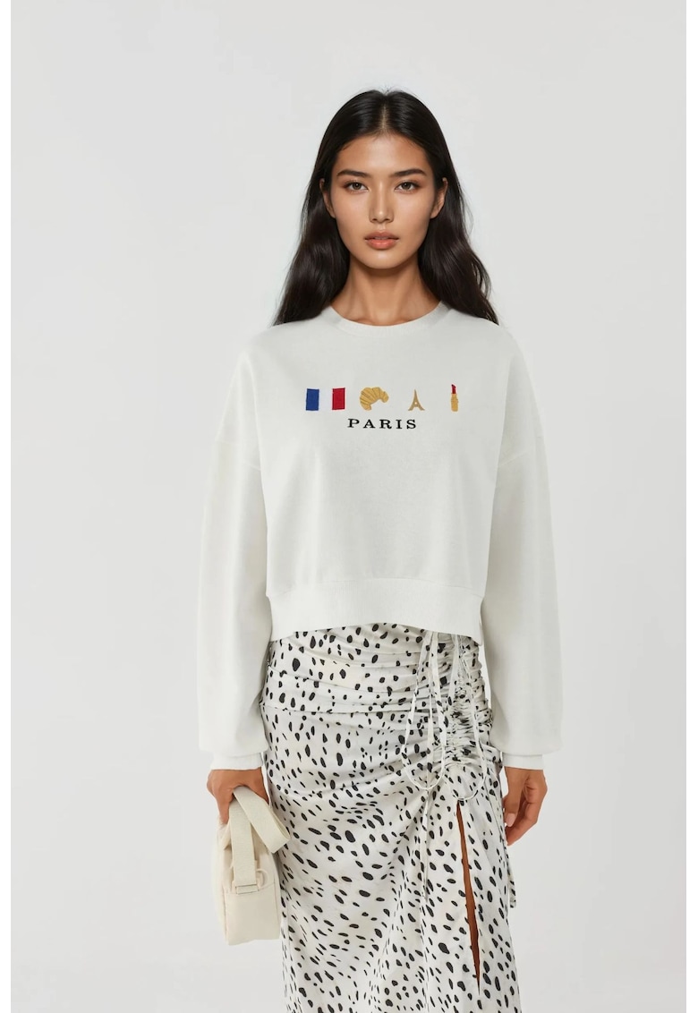 Hanorac dama guler rotund - brodat - alb - textil