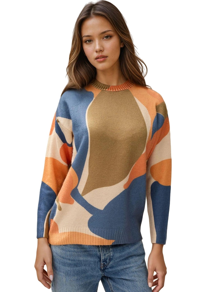 Pulover dama - cu guler rotund - tricot - Portocaliu stralucitor -