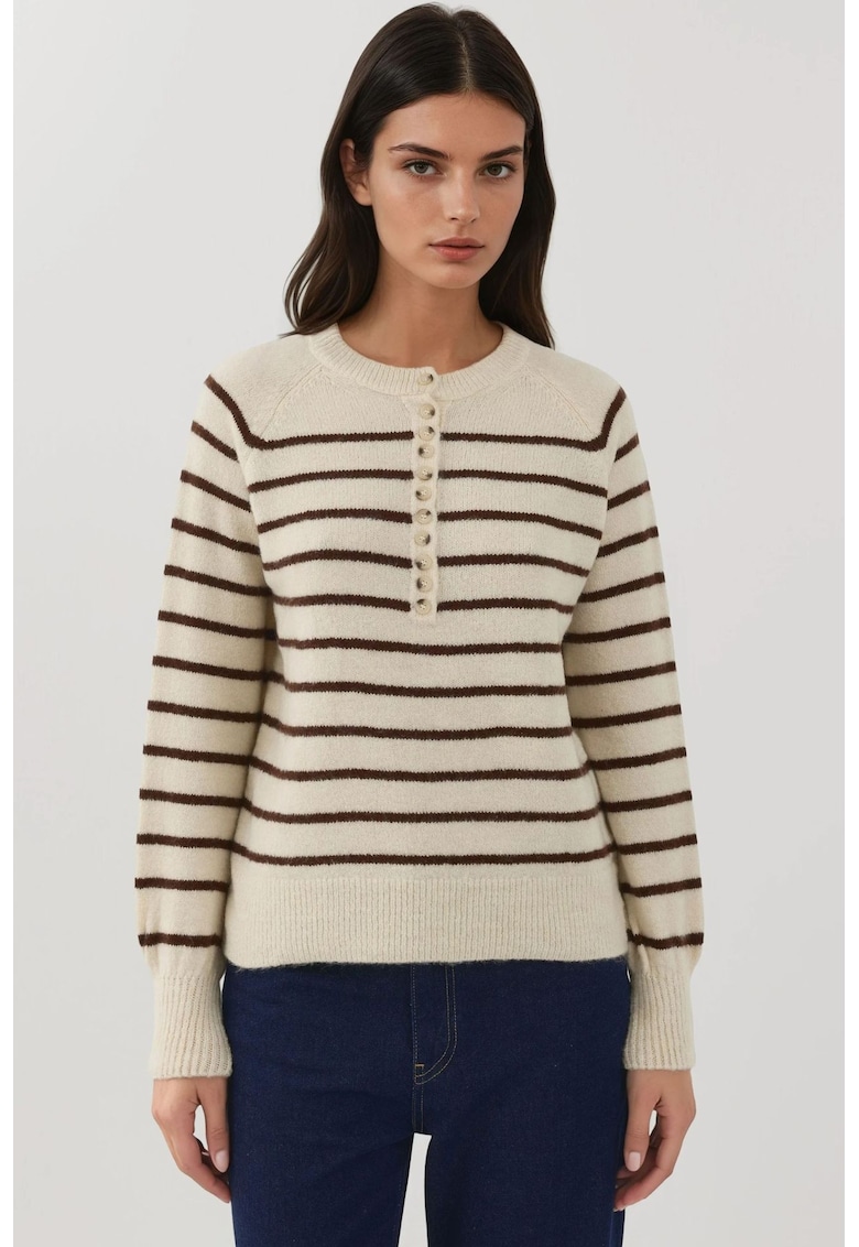 Pulover dama  cu guler cu nasturi - model cu dungi - tricot - crem/maro -