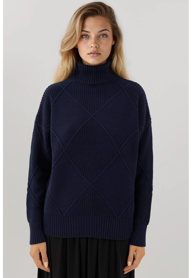 Pulover dama - guler inalt - tricot - Albastru de miezul noptii -