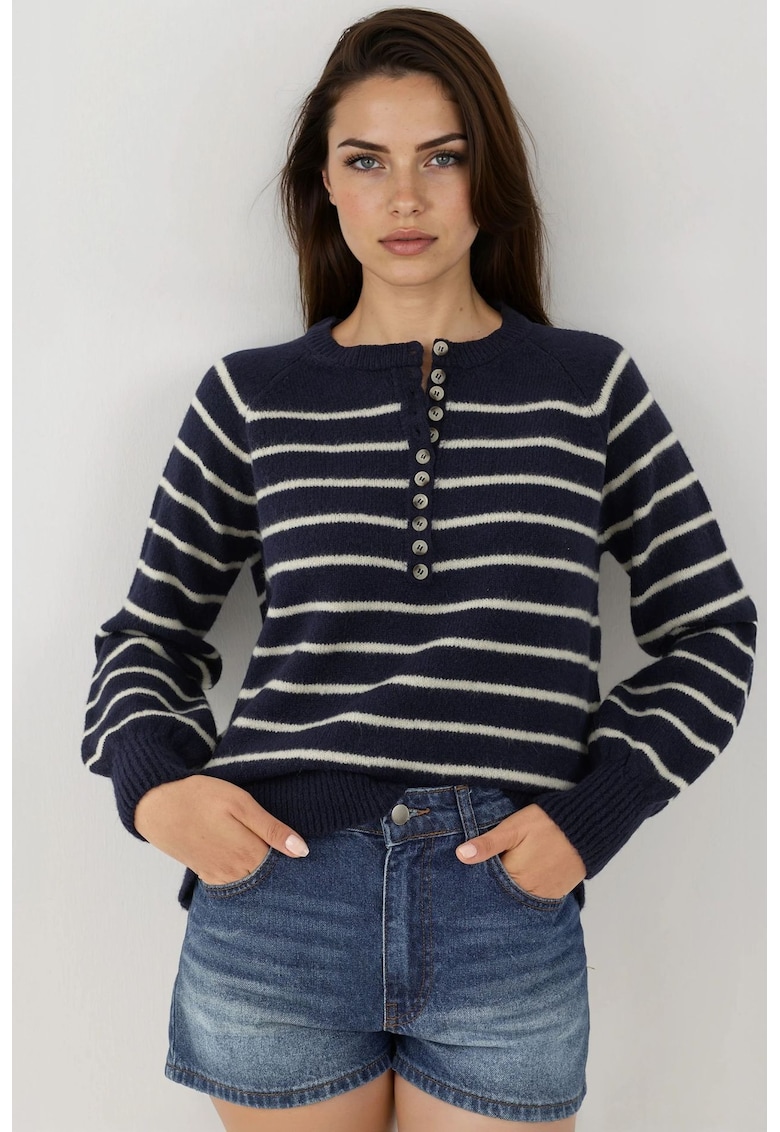 Pulover dama cu guler cu nasturi - model cu dungi - tricot - bleumarin - Pulover dama cu guler cu nasturi - model cu dungi - tricot - bleumarin -