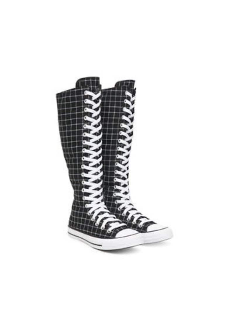 Tenisi lungi dama - cu carouri - textil - alb/negru