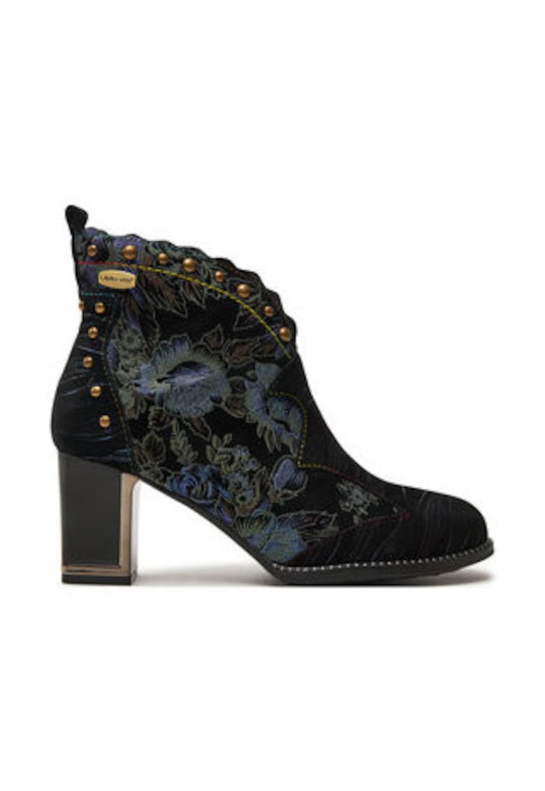 Botine dama - piele naturala - imprimeu floral - toc stabil - negru