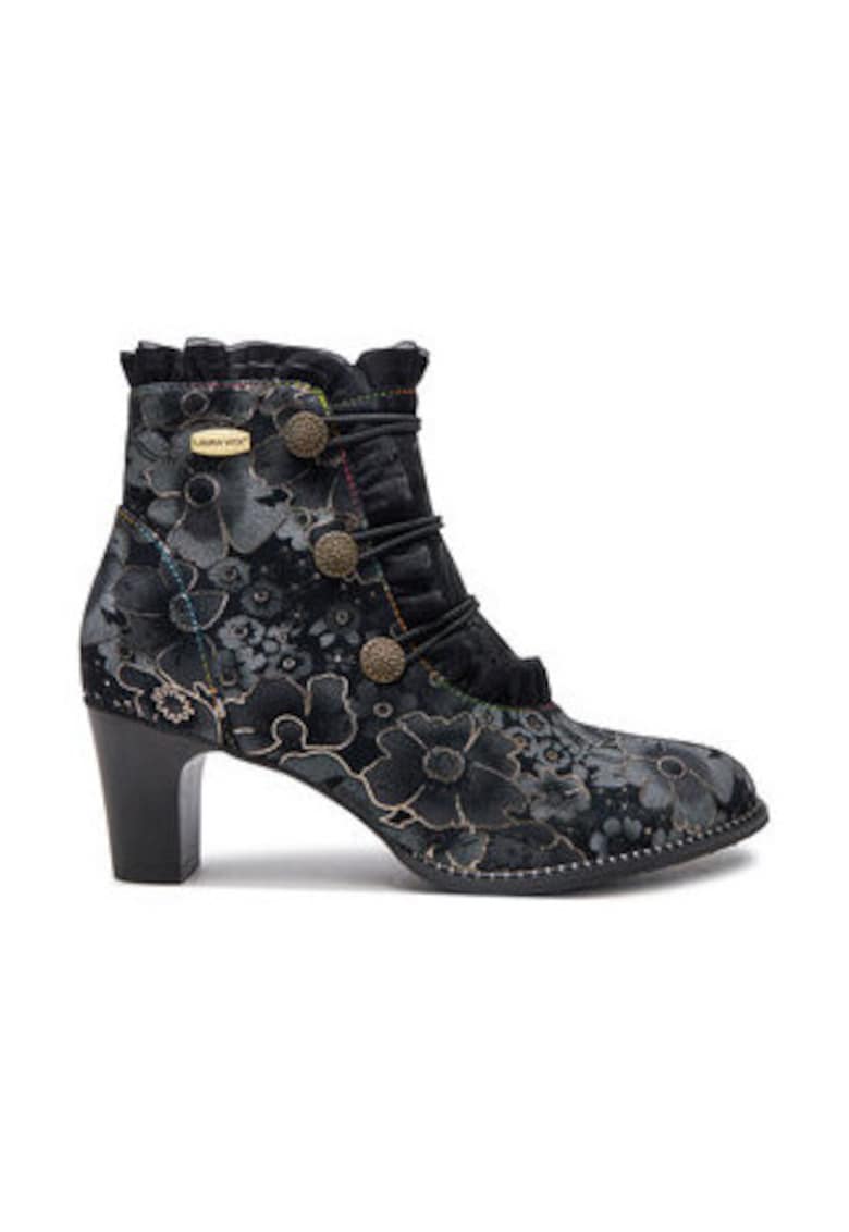 Botine dama - piele naturala - negru - model floral