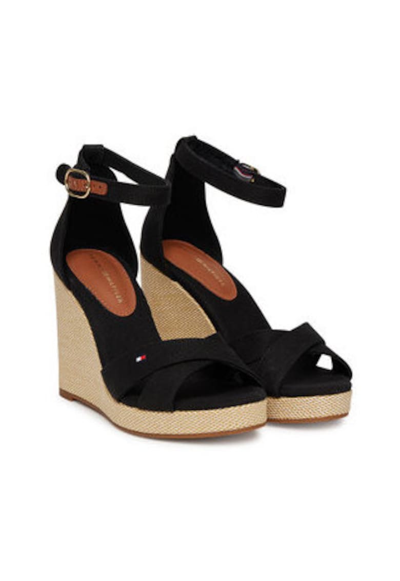 Sandale dama -  negru - material textil - toc cu platforma -