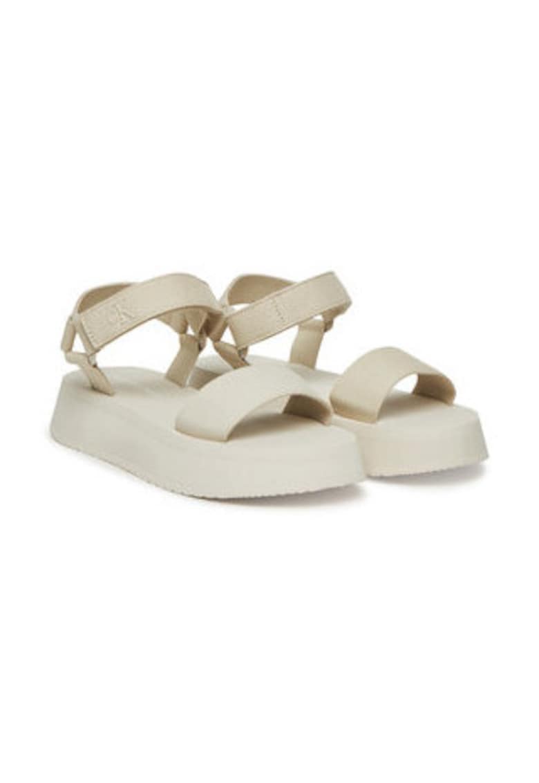 Sandale dama - material textil - ecru - toc plat - inchidere velcro -