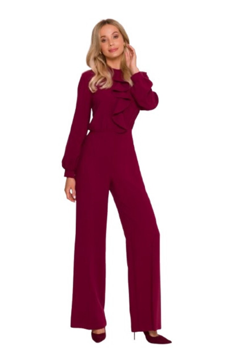 Salopeta eleganta - S420 Bordo material neted cu finisaj moale - guler ridicat - maneci lungi bufante - fermoar ascuns - Bordeaux
