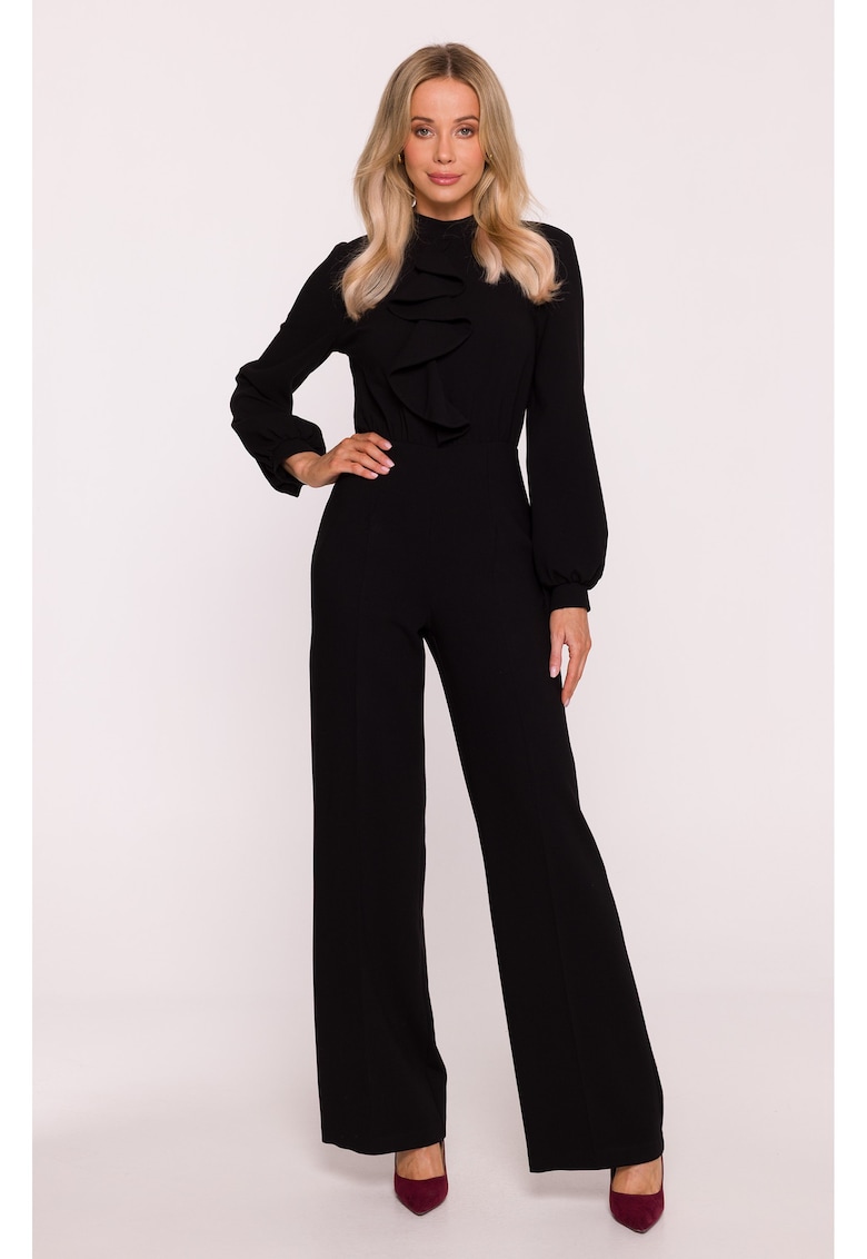 Salopeta eleganta - S420 Negru material neted cu finisaj moale - guler ridicat - maneci lungi bufante - fermoar ascuns