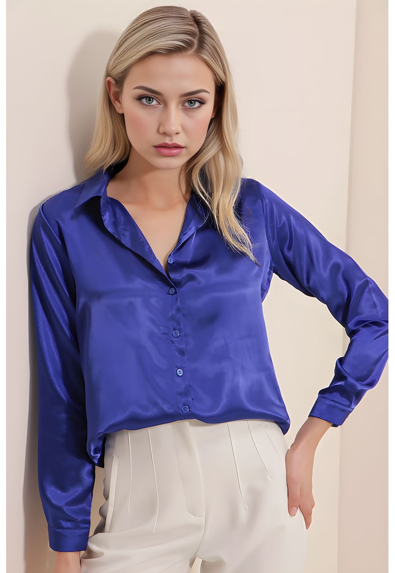 Camasi dama - HiCCUP - camasa cu maneca lunga - satin - albastru cobalt