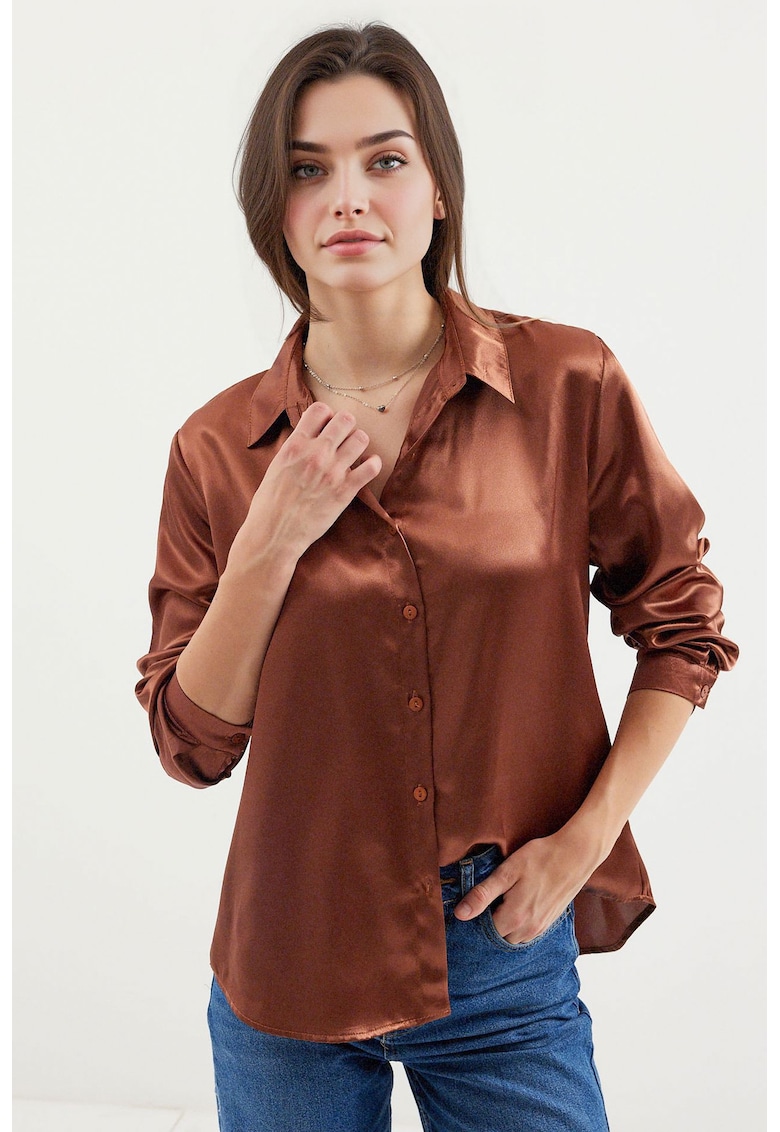 Camasi dama - HiCCUP - camasa cu maneca lunga - satin - maro camel
