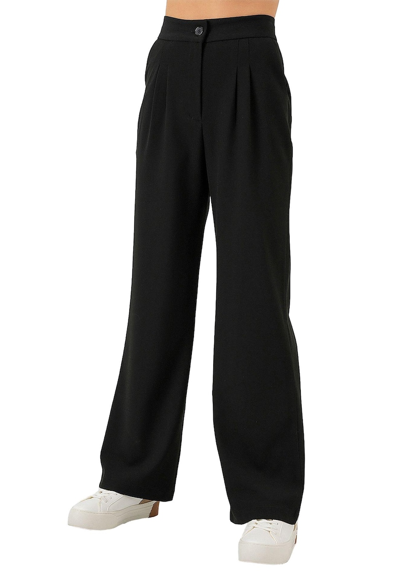 Pantaloni dama - plisati - textil - talie inalta - negru