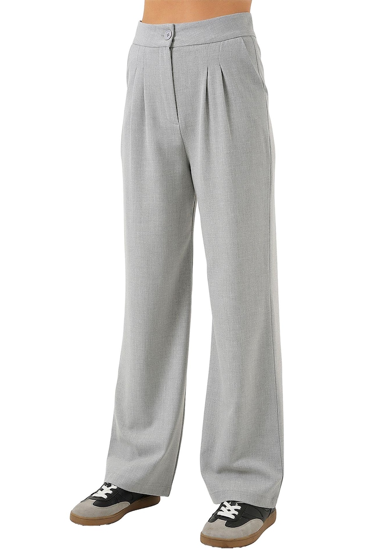 Pantaloni dama - HiCCUP - plisati - textil - talie inalta - gri
