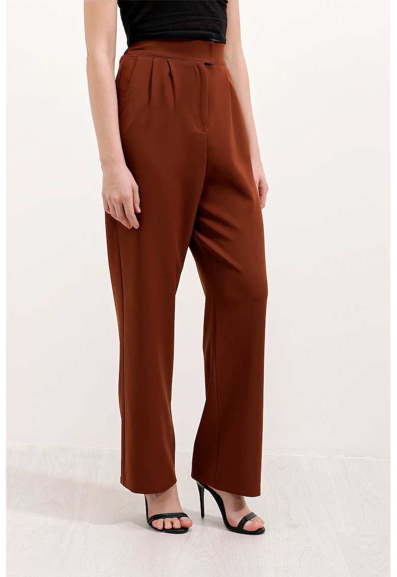 Pantaloni dama - cu talie inalta - textil - maro scortisoara
