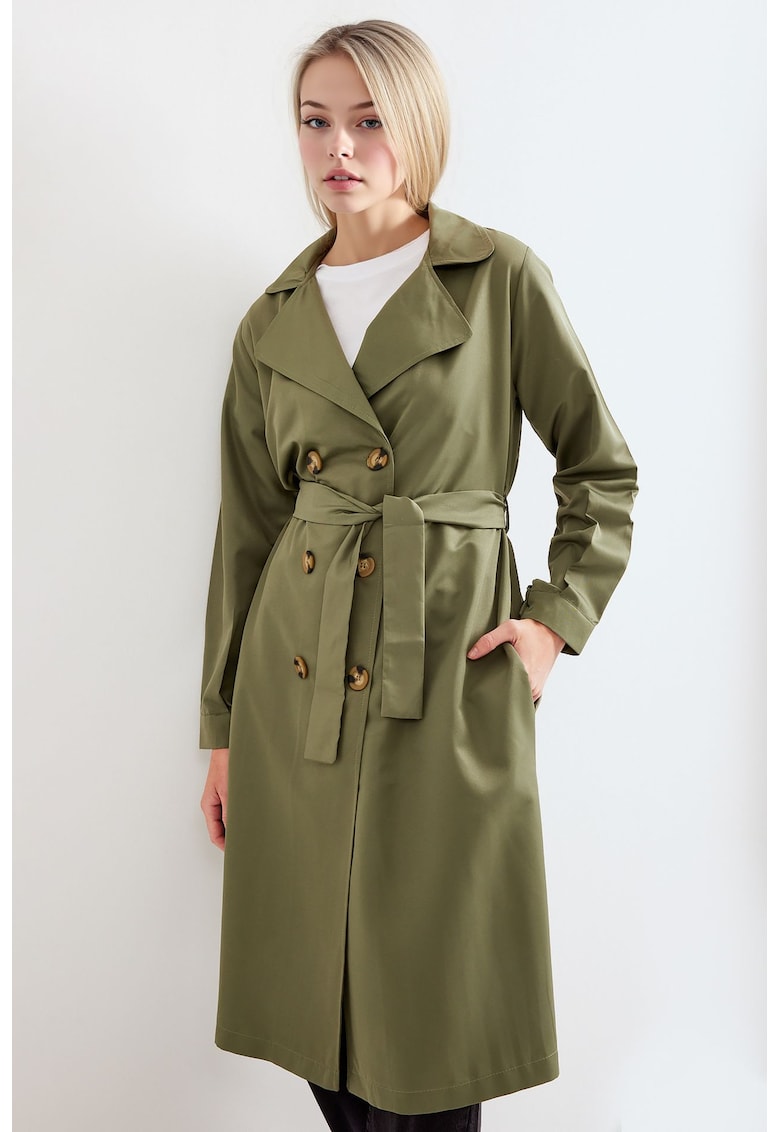 Palton dama trench lung - kaki - textil - doua randuri de nasturi -