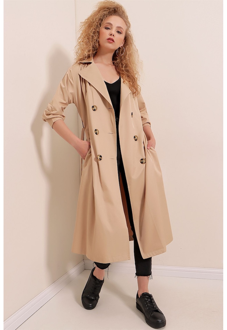Palton dama trench lung - doua randuri de nasturi - maro camila -