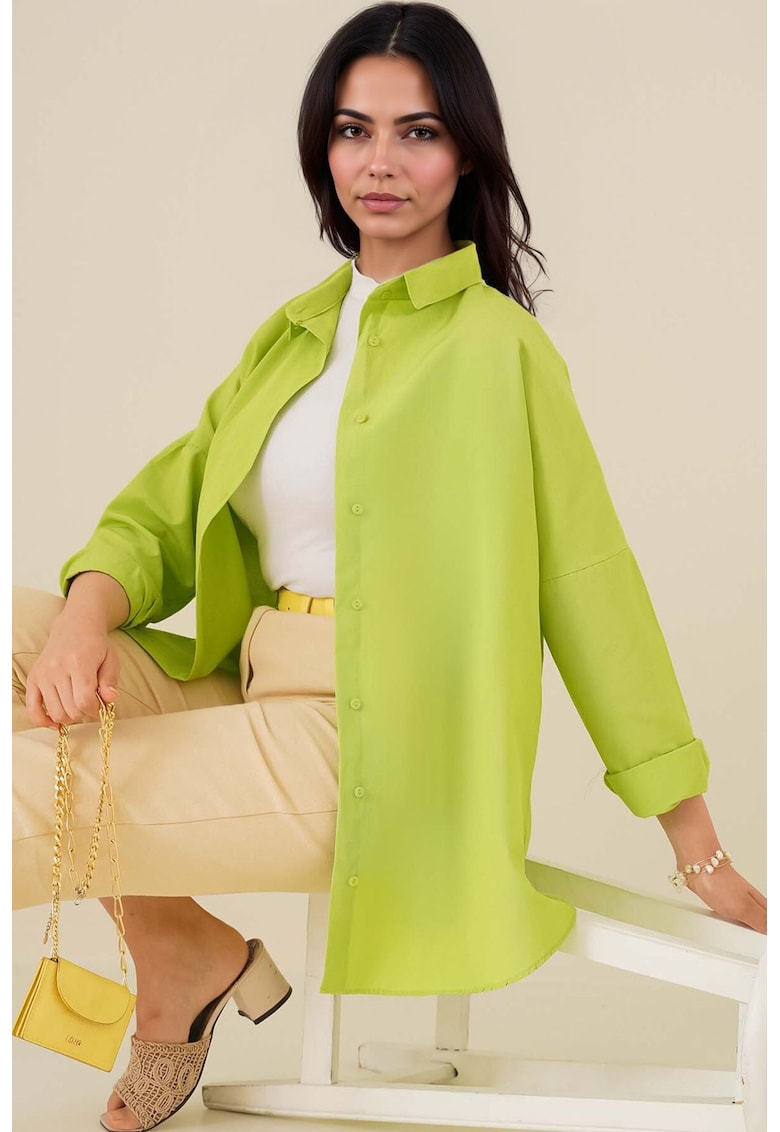 Camasa  din poplin - croiala lejera - verde masliniu - bumbac si poliester