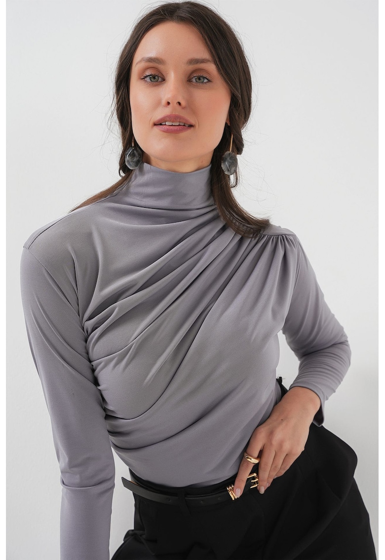 Bluza dama - HiCCUP - guler inalt - detalii cu volane - gri - jerseu