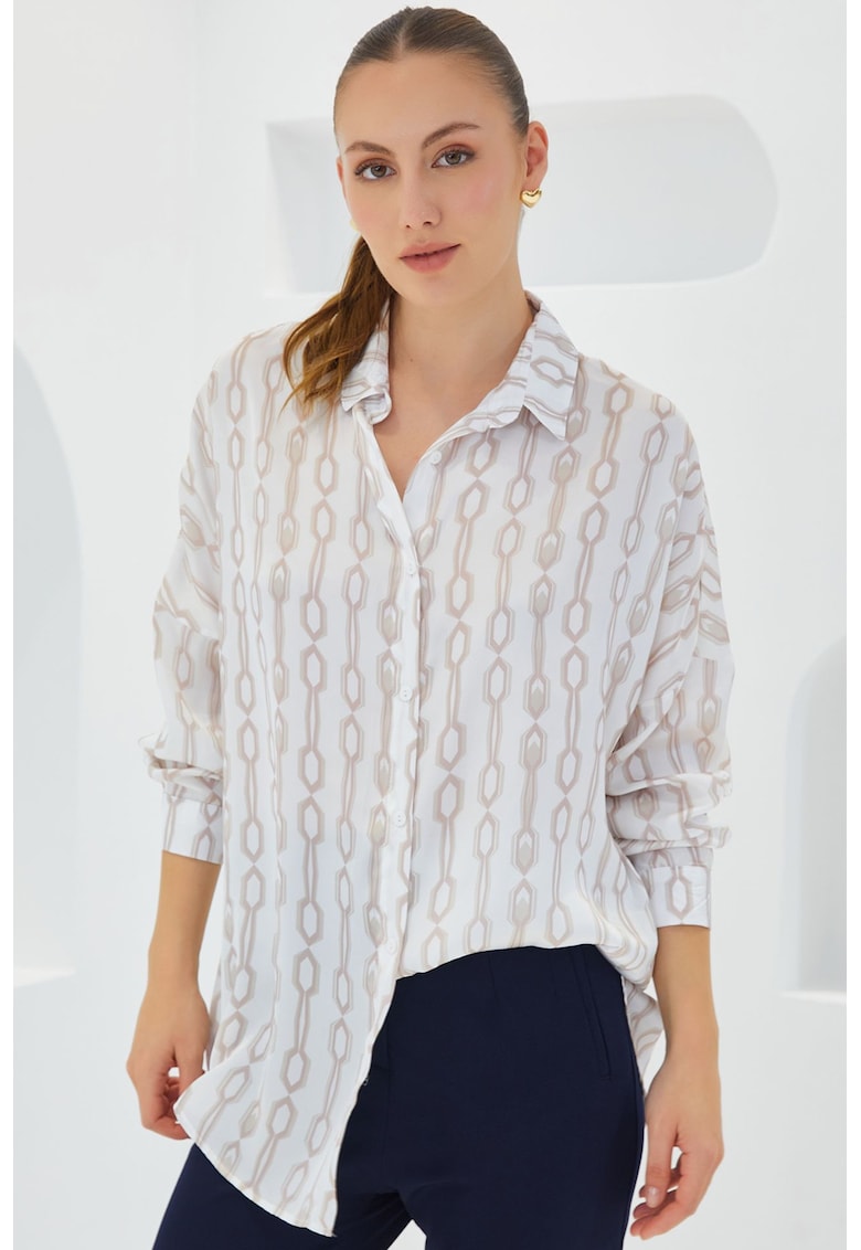 Camasa supradimensionata din satin  alb/ bej - poliester - cu inchidere cu nasturi